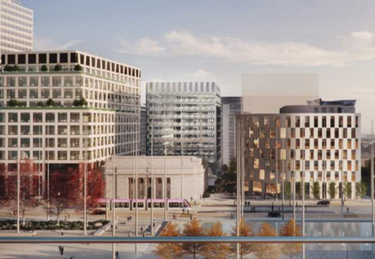 3 Arena Central is the glazed office building set back from Broad Street