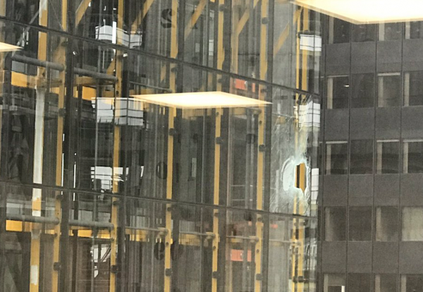 Close-up of the damaged Leadenhall Building window. Picture courtesy of Twitter/ @dozzauk